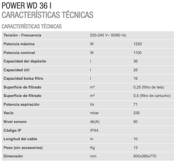 POWER WD 36 CARACTERISTICAS TECNICAS 1 - Maquinaria de ocasión de limpieza